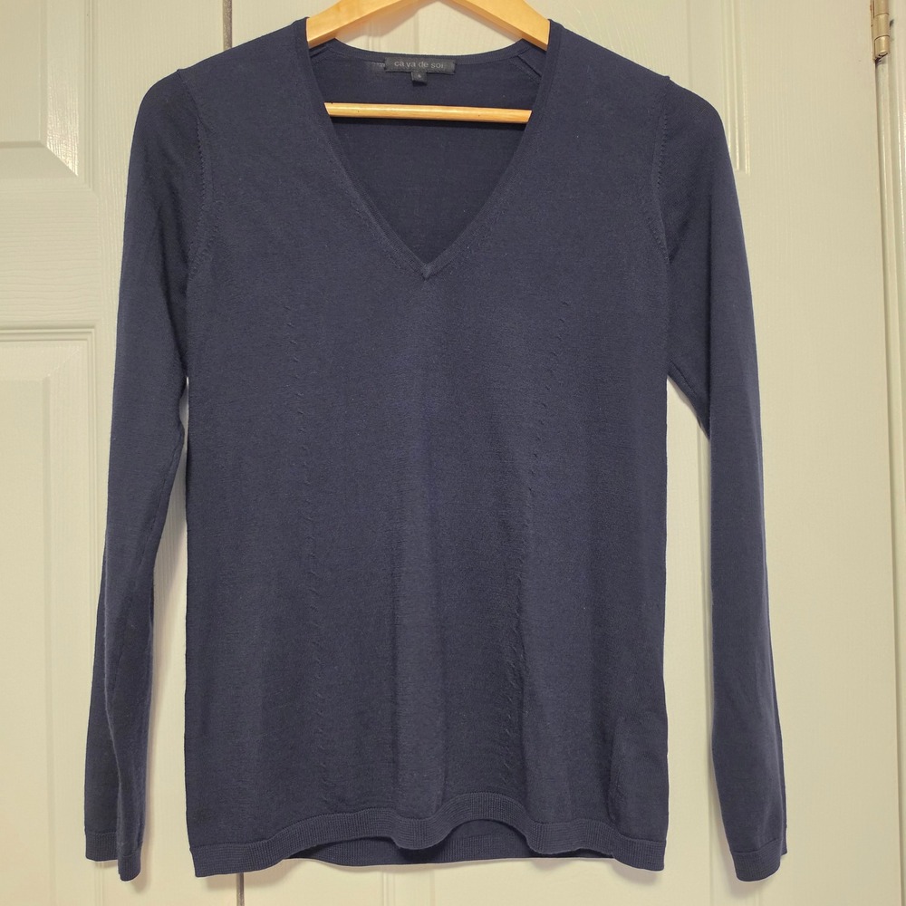 Ca Va De Soi Navy Blue Superfine Super 160s Wool V-Neck Sweater Size Small